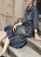 Elegante vestido de camisa larga con cuello Peter Pan en azul vaquero y patchwork con fajas para otoño